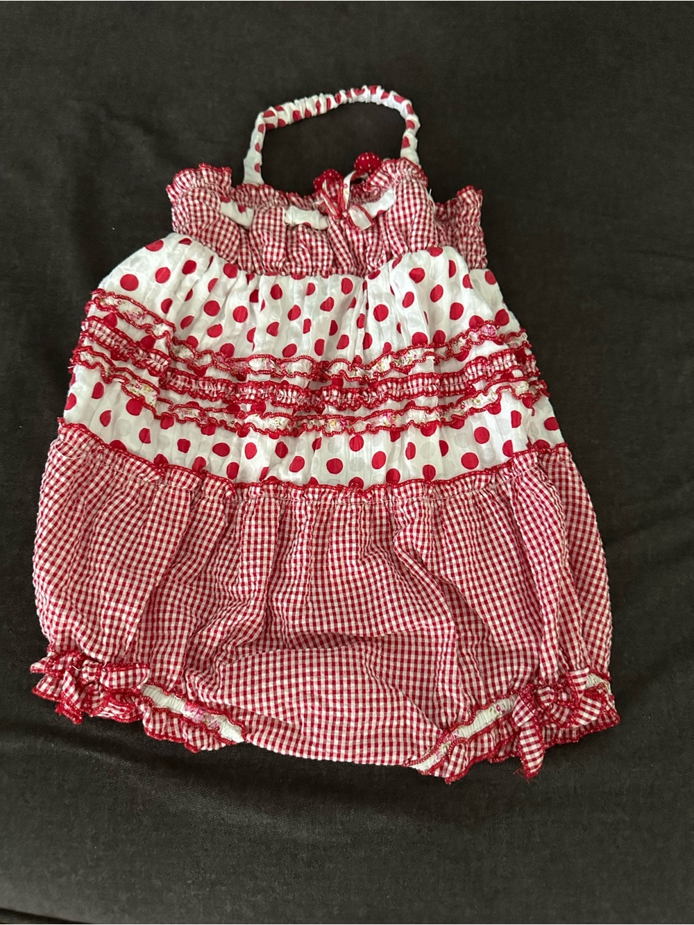 Kate Mack Vintage Red Gingham & Polka Dot Tiered Raffle Sundress / Romper 18M